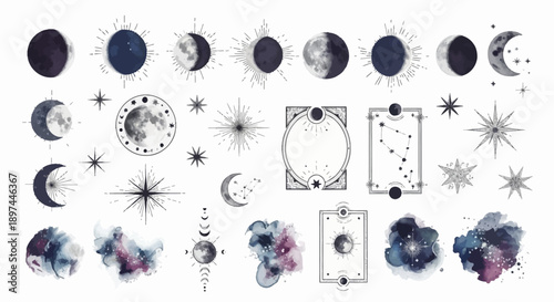 Celestial Moon Phases and Stars Watercolor Set