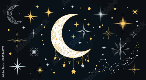 Celestial Crescent Moon and Stars Vector Illustration