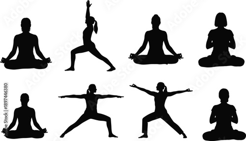 Black vector silhouettes of a woman in various yoga and fitness poses, illustrating a healthy gym workout and athletic ballet dance action for sport and gymnastics