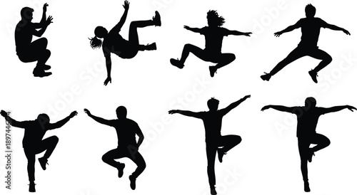 Set of black vector silhouettes featuring a ballerina and woman performing ballet dance poses, artistic gymnastics jumps, and fitness exercise figures