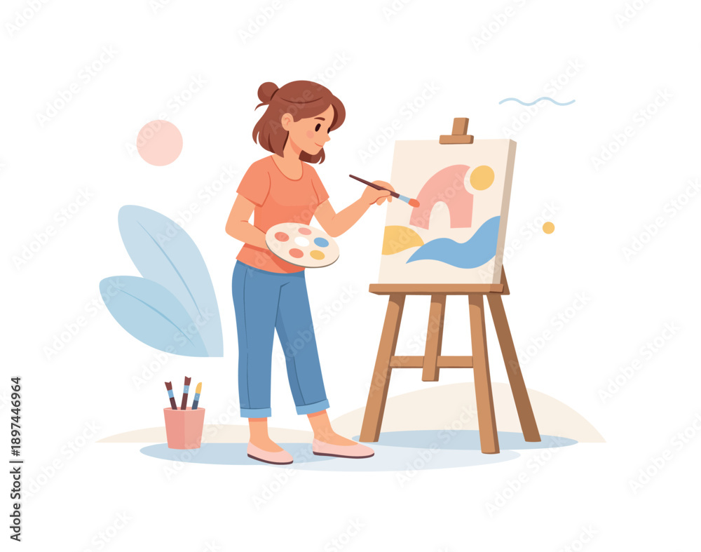 Fototapeta premium Woman painting on canvas with easel and palette, flat vector illustration