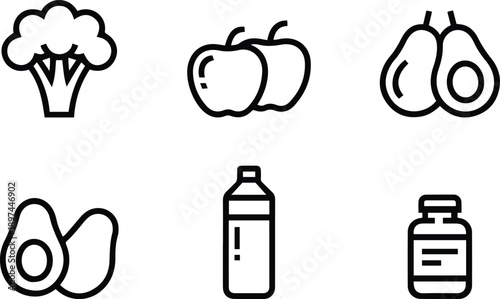 Healthy Food and Nutrition Icons Set – Fruits, Vegetables, Supplements Line Symbols