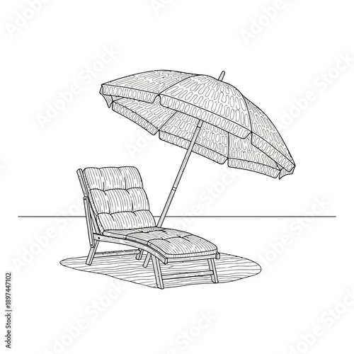 Beach chair and umbrella on the sand.