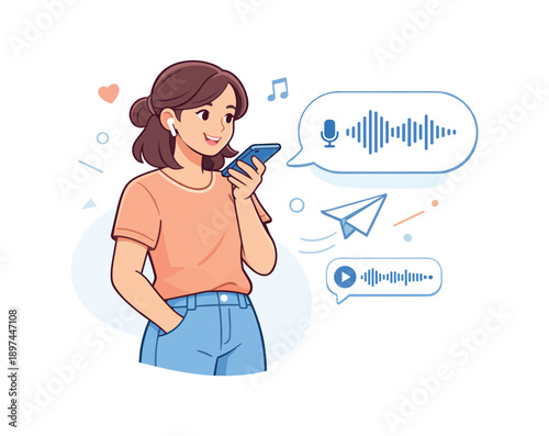 Girl listening to music on smartphone with voice messages, flat vector illustration