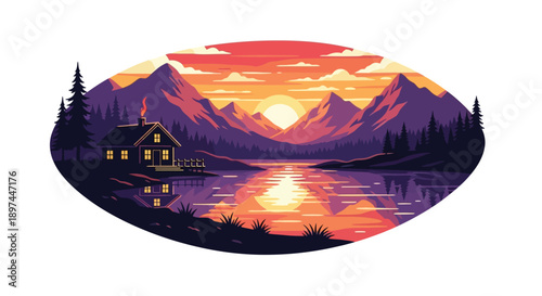 A cozy cabin scene with mountains and a vibrant sunset reflection