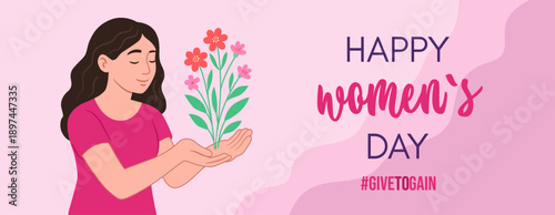 International Womens Day 2026 banner template. Hashtag give to gain .