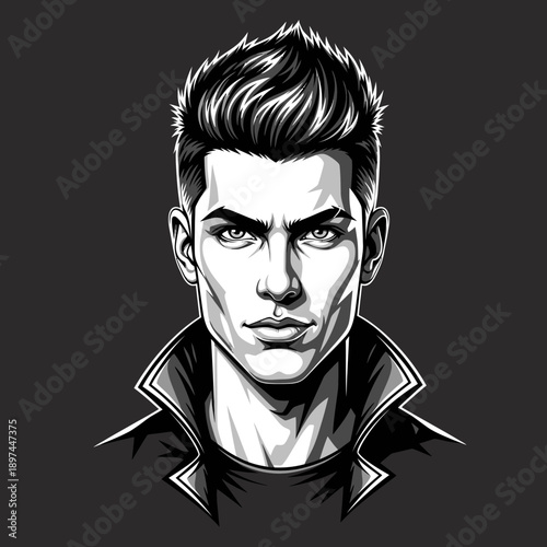 Handsome man with stylish haircut in black and white.