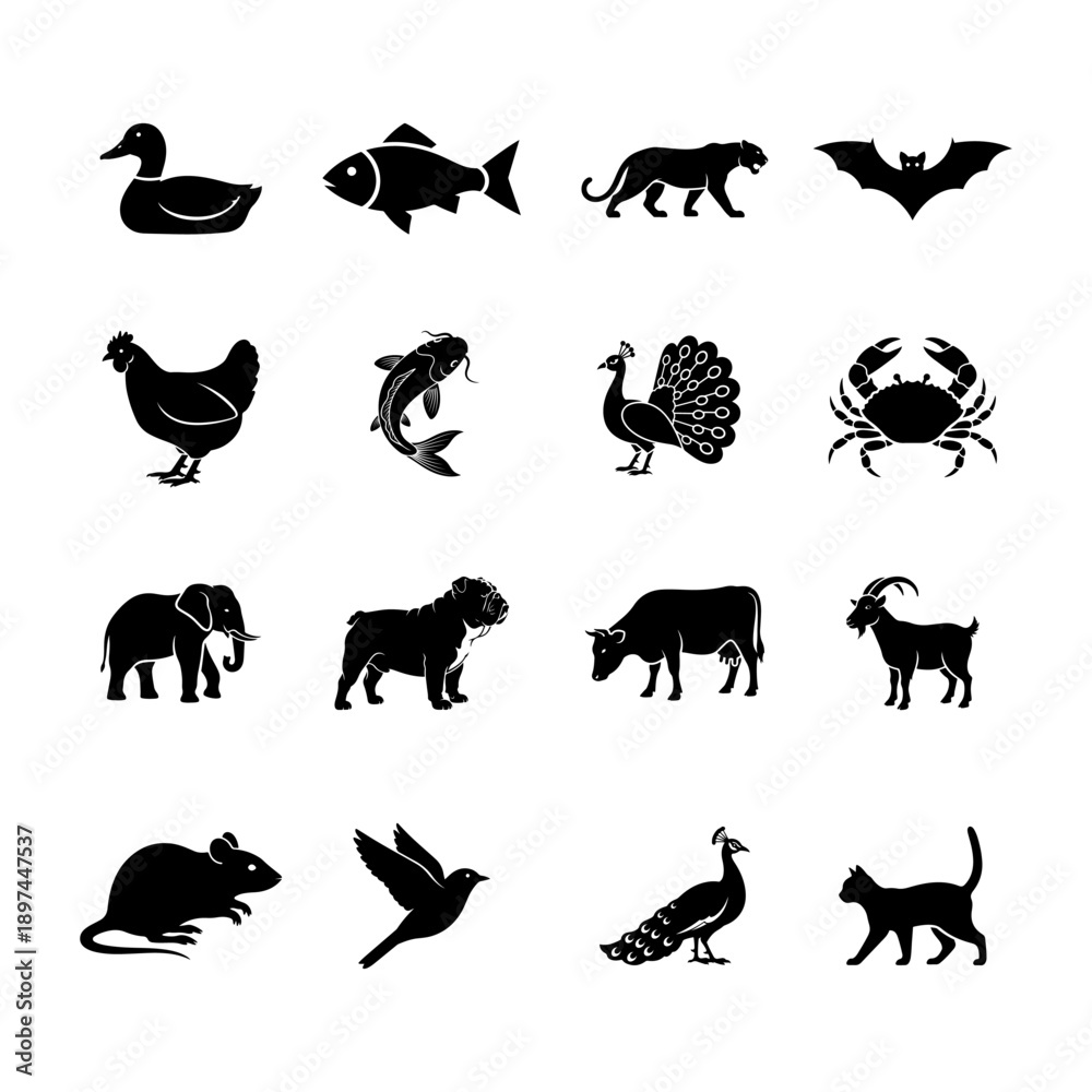 Fototapeta premium Collection of wild and domestic animal silhouettes isolated on white background