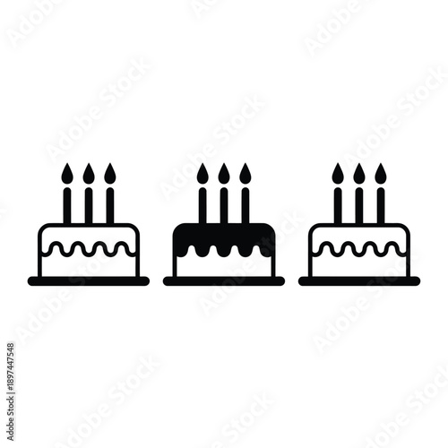Three black and white cakes with lit candles a celebratory illustration