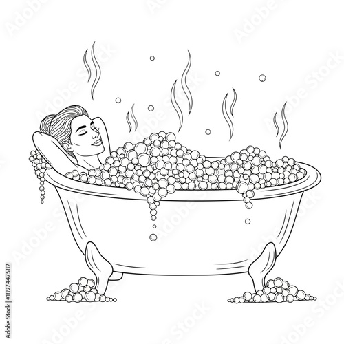 Relaxing Woman in a Bubble Bath with Closed Eyes.