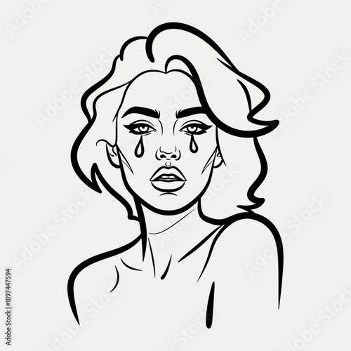 Sad Woman with Tears Artistic Black and White Illustration.