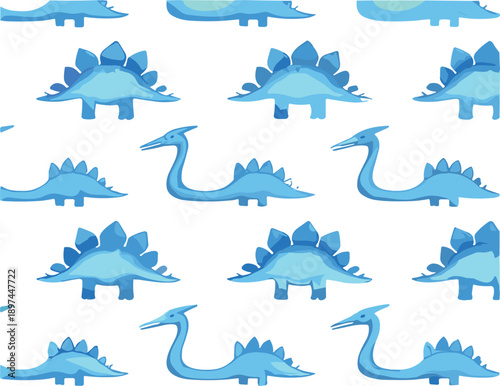 Blue cartoon dinosaur poses set with stegosaurus and long neck reptiles in flat vector style isolated on white background
