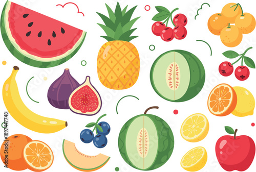 Fresh colorful fruit collection with watermelon pineapple citrus berries apple and banana healthy food flat vector illustration