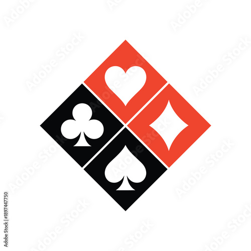 Four playing card suits arranged in a diamond formation with red and black