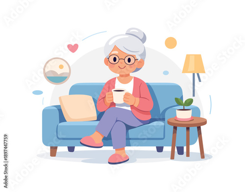 Elderly woman enjoying a cup of tea on sofa, cozy living room scene, flat vector illustration