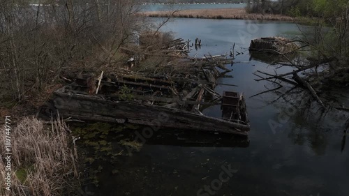 Abandoned iron works and wooden docks on Cayuga Lake in central New York State within the Montezuma wildlife preserve