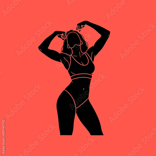 Silhouette of a woman in sportswear posing with arms raised.