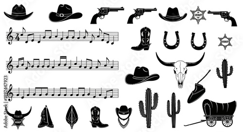 Wild West Icons Set: Cowboy, Cactus, Music