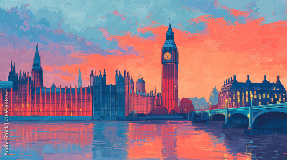 Fototapeta premium London Cityscape at Sunset with Big Ben and Westminster Reflections
