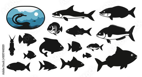 Fish silhouettes collection. Sea life icons.