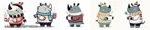 cute winter rhino vector drinking coffee
