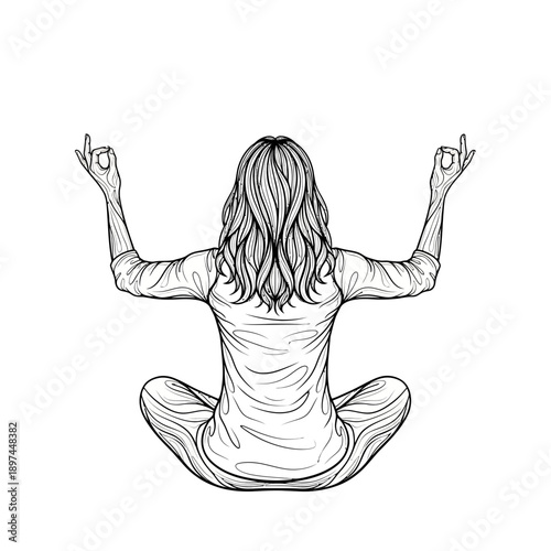 Woman Meditating in Lotus Position with Hands Raised.