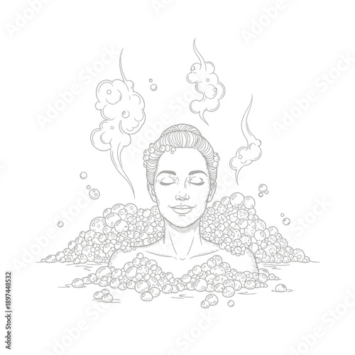 Woman Relaxing in a Hot Spring Bath.