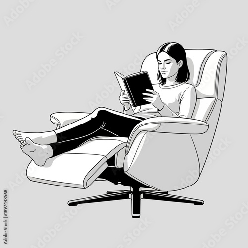 Woman relaxing in a recliner chair while reading a book.
