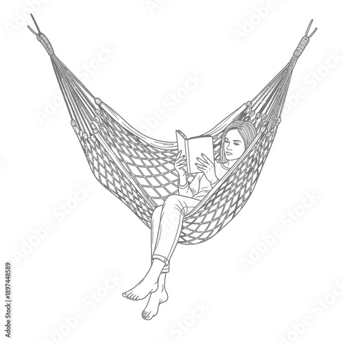 Woman Relaxing in Hammock Reading Book.