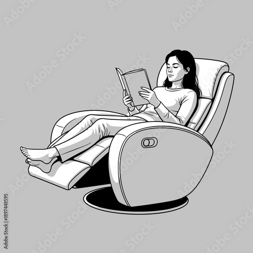 Woman Relaxing in Massage Chair Reading Book.