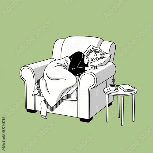 Woman sleeping comfortably in a cozy armchair with blanket.