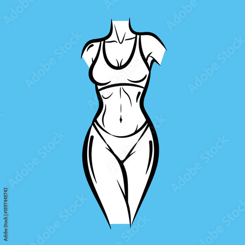 Womans Body Outline in Swimsuit on Blue Background.