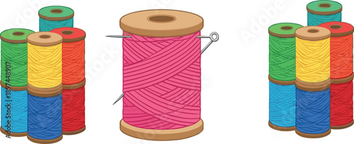 Colorful sewing thread spools with needle set in flat vector style isolated on white background for craft and tailoring design