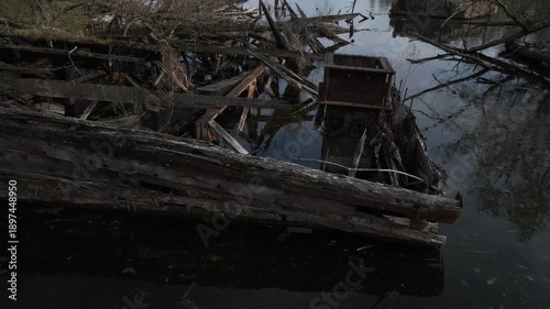 Abandoned iron works and wooden docks on Cayuga Lake in central New York State within the Montezuma wildlife preserve