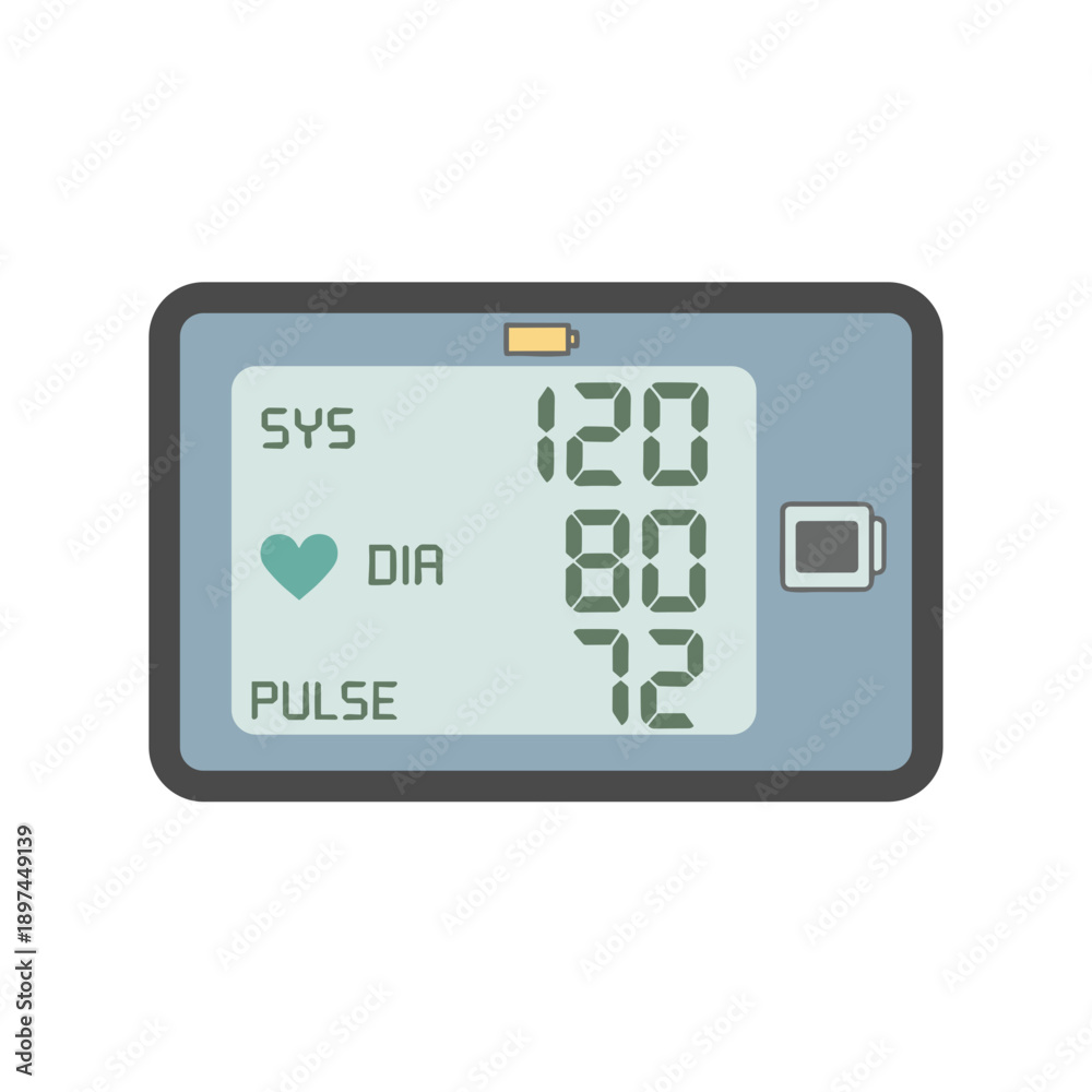 Fototapeta premium Digital blood pressure monitor display showing systolic diastolic and pulse values, concept of health monitoring