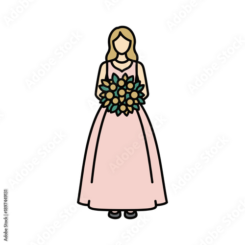 Bride in pink wedding dress holding floral bouquet isolated on white background, concept of wedding celebration