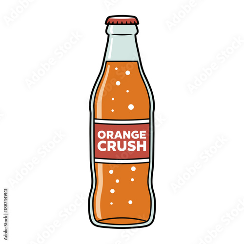 Glass bottle of orange soda with bubbles isolated on white background, concept of refreshing soft drink