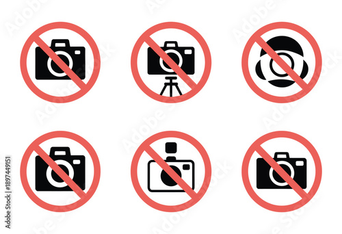 No camera signs set with six variations, illustrating photography prohibition, vector design for safety and restricted zones.