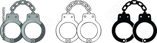 Metal handcuff silhouette & Outline and illustration set isolated on transparent background