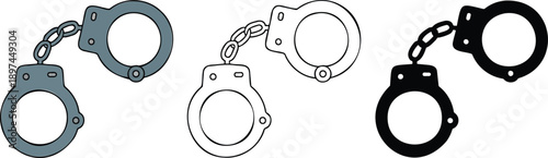 Metal handcuff silhouette & Outline and illustration set isolated on transparent background