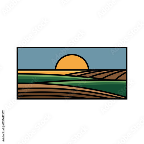 Sunrise over cultivated farm fields with rolling hills isolated on white background, concept of rural landscape
