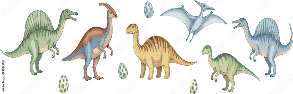 Fototapeta premium Cute cartoon dinosaur species set with flying pterosaur and eggs in flat vector illustration style isolated on white