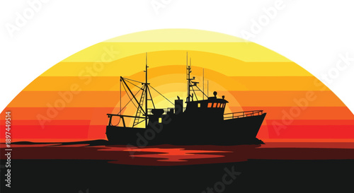 Silhouette of a fishing boat against a vibrant sunset over the water