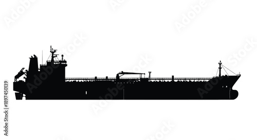 Silhouetted oil tanker against a stark white background