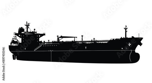 Black silhouette of a large oil tanker ship on a white background