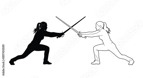 Two fencers engaged in a dynamic duel silhouettes contrasting in color