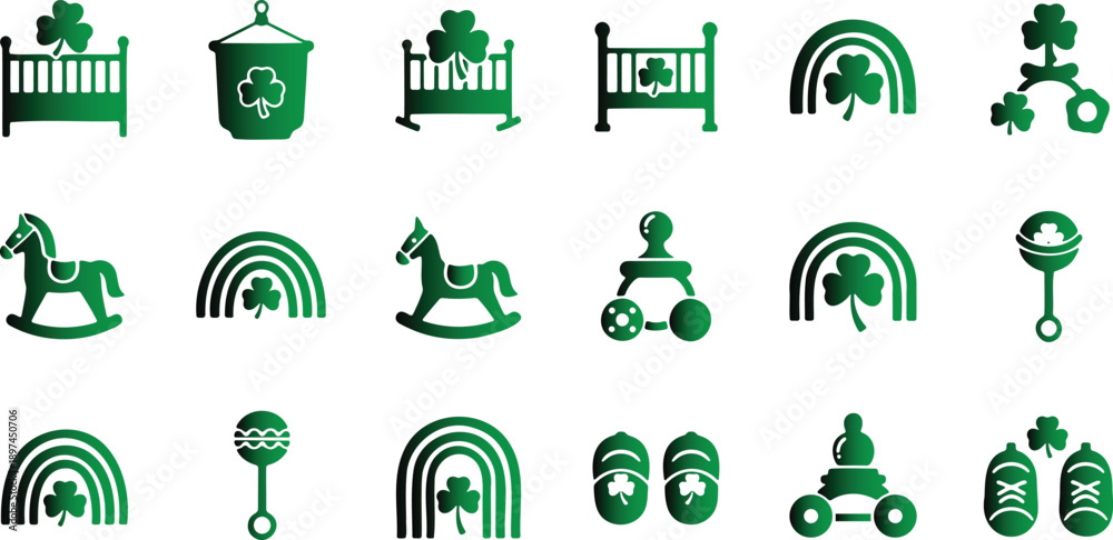 Obraz premium St Patricks Day baby icons set with green symbols of child nursery and kids items shamrocks rainbows rocking horse toys