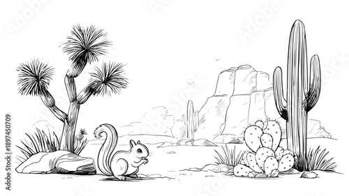 Scenic Desert Landscape with Palm Trees, Cactus, Snakes, and Squirrel Vector Illustration