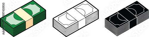 Money Stack silhouette & Outline and illustration set isolated on transparent background