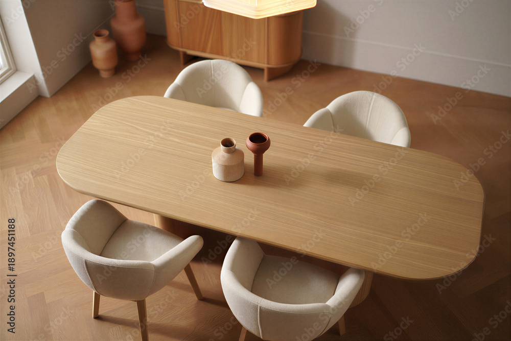 Fototapeta premium Modern minimalist dining room interior with wooden table and white chairs and vases on table top view